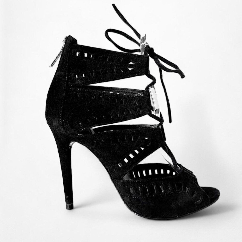Zara Black Suede Leather Lace Up Peep Toe Ankle Bootie Stiletto Heels Size 6 - Picture 4 of 7